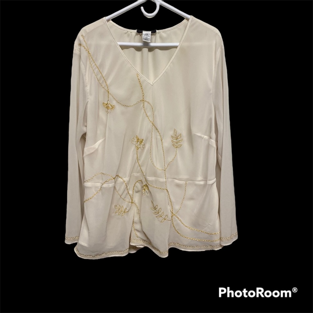 Size 22W Judith Hart Cream Golden Embroidered Floral Flowy Sheer Sleeve Blouse